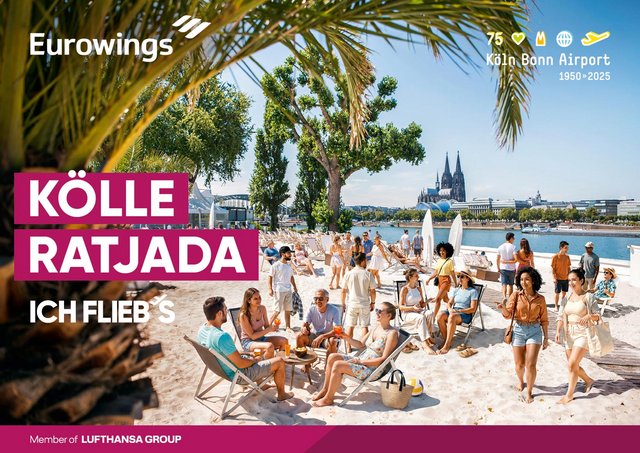 Besuchter Kölner Strand mit Dom im Hintergrund und der Aufschrift "Kölle Ratjada"