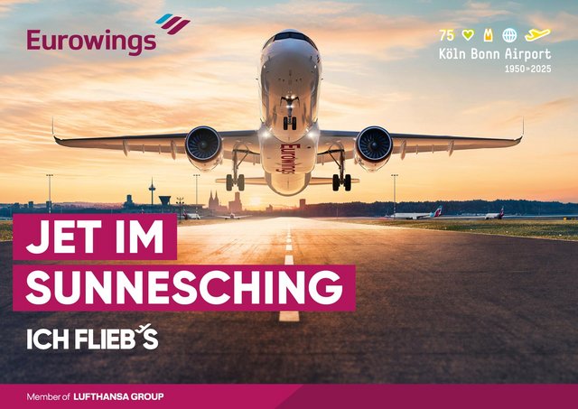 Startendes Flugzeug von vorne aufgenommen und der Aufschrift "Jet im Sunnesching"