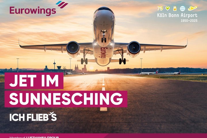 Startendes Flugzeug von vorne aufgenommen und der Aufschrift "Jet im Sunnesching"