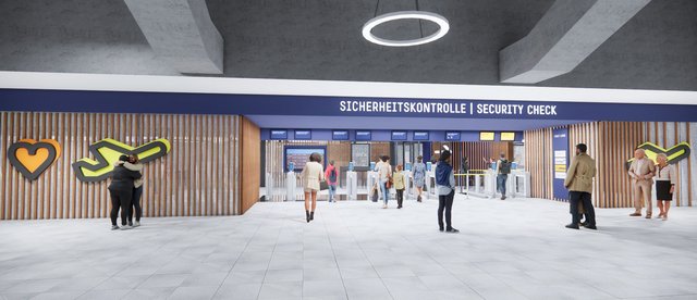 Visualisierung der zukünftigen Sicherheitskontrolle in Terminal 1.