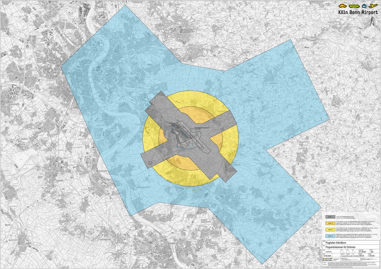 Die Landkarte zeigt die unterschiedlichen Verbotszonen rund um den Köln Bonn Airport für den Einsatz von Drohnen.