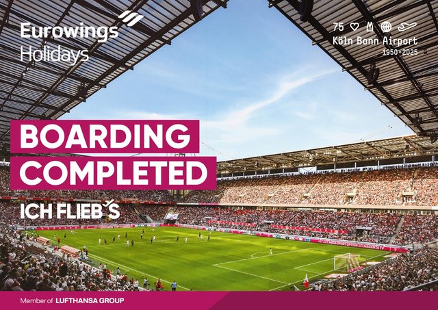 Gefülltes Rhein Energie Stadion mit Schriftzug "Boarding completed"